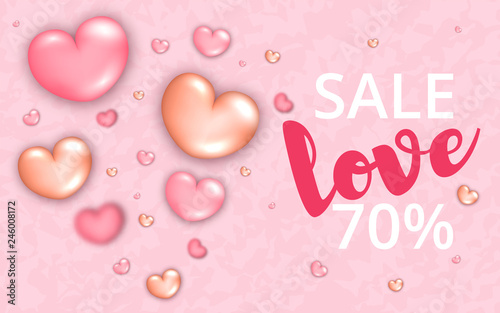 Pink love heart party balloons modern trendy flyer,sales concept on marble background,advertising mockup banner design.Abstract marketing,web online page,poster,brochure template