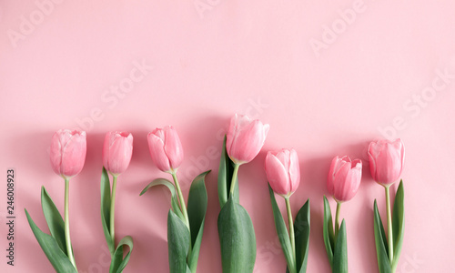 Fototapeta Naklejka Na Ścianę i Meble -  Flowers composition romantic. Flowers pink tulips on pastel pink background. Wedding. Birthday. Happy woman's day. Mothers Day. Valentine's Day. Flat lay, top view, copy space 