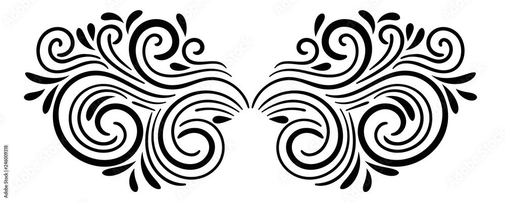 Black abstract curly element for design, swirl, curl. Divider, frame isolated on white background. Vector illustration. Black abstract curly element for design, swirl, curl. Divider, frame isolated on white background. Vector illustration.