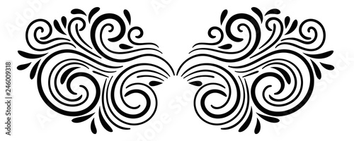 Black abstract curly element for design, swirl, curl. Divider, frame isolated on white background. Vector illustration. 
