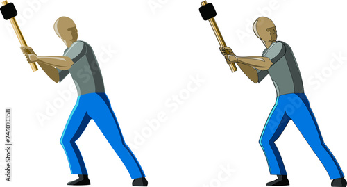vector picture of man working with hammer in 2 options- with outlines and without outline
