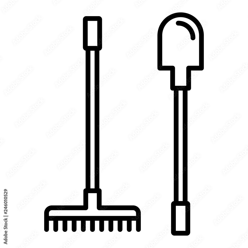 Garden rake shovel icon. Outline garden rake shovel vector icon for web design isolated on white background Garden rake shovel icon. Outline garden rake shovel vector icon for web design isolated on white background