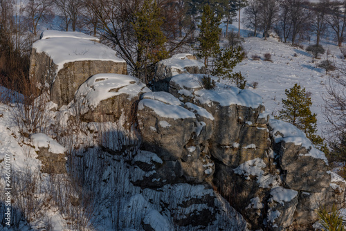 Rock stone town Drevenik near Zehra village with blue sky in winter sunny day
