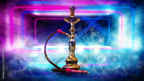 Hookah smoking on the background of an empty room with blue and pink neon shapes. Concrete floor, tile, smoke