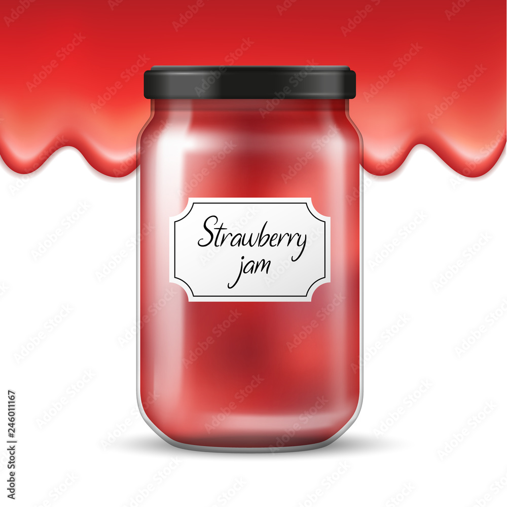 Vector realistic glass jar with strawberry jam and flowing jam in the background Vector realistic glass jar with strawberry jam and flowing jam in the background
