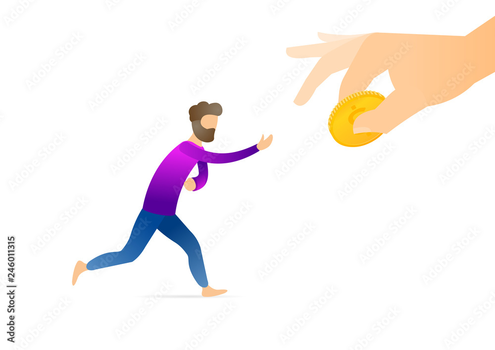 Desperate man chasing a money. Cartoon hand with golden coin. Сrisis concept. Modern style vector illustration for landing page, website, banners and presentation.