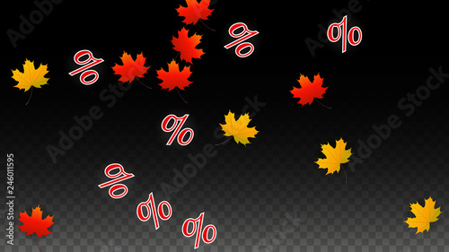 Vector Percentage Sign and Autumn Leaves Confetti on Transparent Background. Percent Sale Background. Business, Economics, Finance Print. Discount Illustration. Promotion poster. Black Friday Banner. 