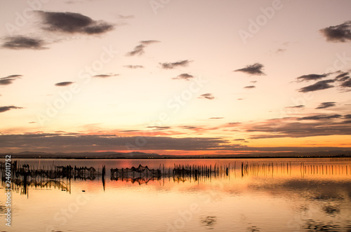 Beautiful orange sunset on one day cloudy in the famous lake of the albufera of Valencia  Spain.