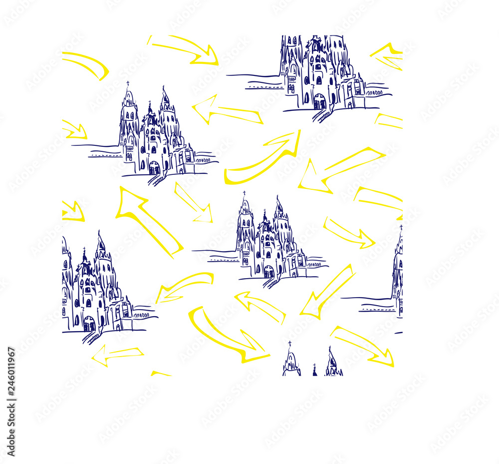 Fototapeta premium Seamless with cathedral Santiago de Compostela with yellow arrows