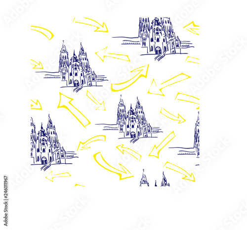 Seamless with cathedral Santiago de Compostela with yellow arrows