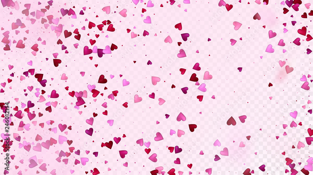Flying Hearts Vector Confetti. Valentines Day Wedding Pattern. Beautiful Pink Frame Valentines Day Decoration with Falling Down Hearts Confetti. Trendy Gift, Birthday Card, Poster Background