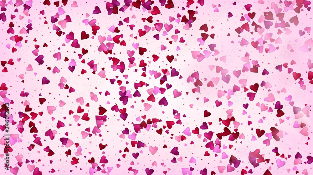 Realistic Hearts Vector Confetti. Valentines Day Wedding Pattern. Beautiful Pink Sparkles Valentines Day Decoration with Falling Down Hearts Confetti. Modern Gift, Birthday Card, Poster Background