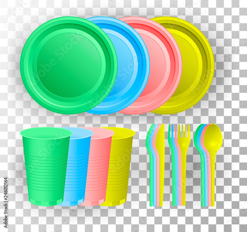 Disposable plastic tableware. Multi-colored glass cup, knife, fork and spoon. Vector illustration.