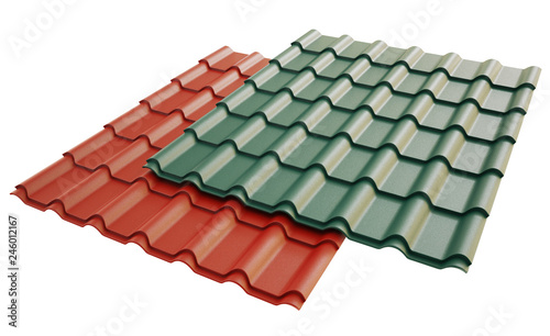 Roof metal tile red and green, isolated on white background. 3d illustration.