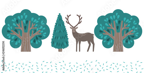 Deer among the trees. Vector forest illustration.