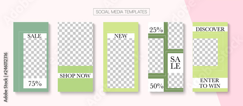 Editable Stories Minimal Vector Layout. Social Media Like and Share, Trends, Sale -50 Photo Frames Kit. Sale Insta Stories Layout