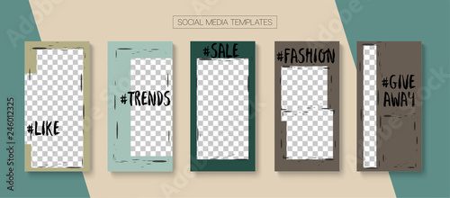 Editable Stories Minimal Vector Layout. Social Media Like and Share, Trends, Sale -50 Photo Frames Kit. Sale Insta Stories Layout