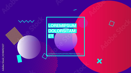 Memphis Minimal Cover Horizontal Vector Template. Neon Gradient Overlay, Small Space Particles Background. Geometric Memphis Design Elements, Horizontal Music Poster. Vintage Elemets Business Design.