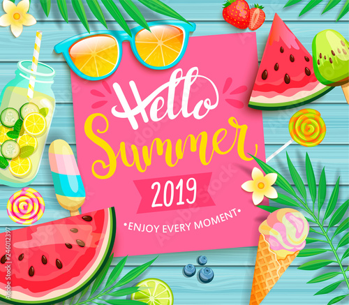 Hello summer 2019 pink card or banner with handdrawn lettering on blue wooden background with watermelon, detox, ice, ice cream,sunglasses and candy, blueberry. Vector Illustration.
