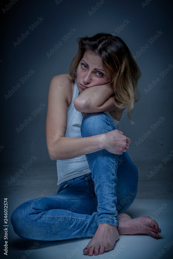 Sad Beautiful Young Woman Full Body Stock Photo, Picture and