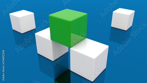 Cubes in white and green on blue