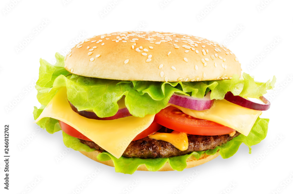 Meat Burger with salad, cheese, tomato and cheese sauce isolated Meat Burger with salad, cheese, tomato and cheese sauce isolated