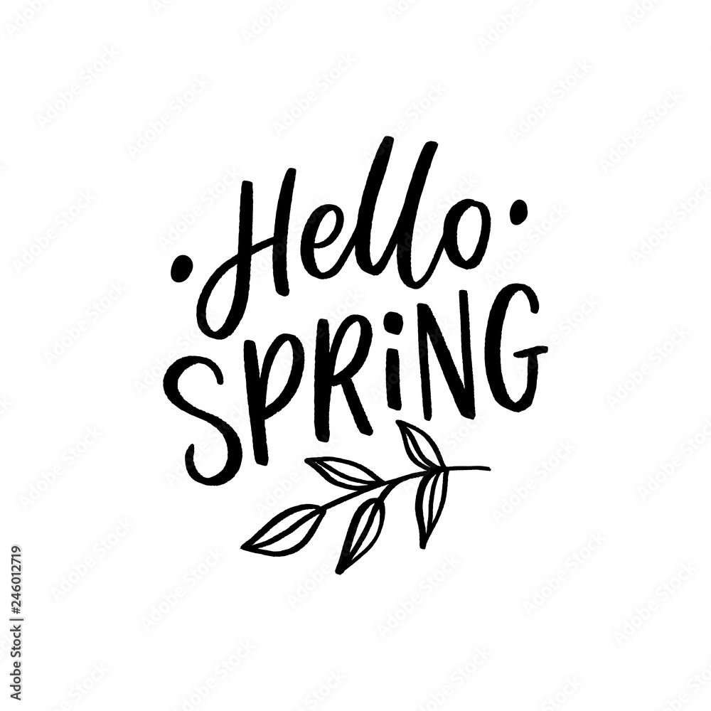 Obraz premium Hand drawn lettering hello spring for print, card, banner. Typography hello spring with leafs.