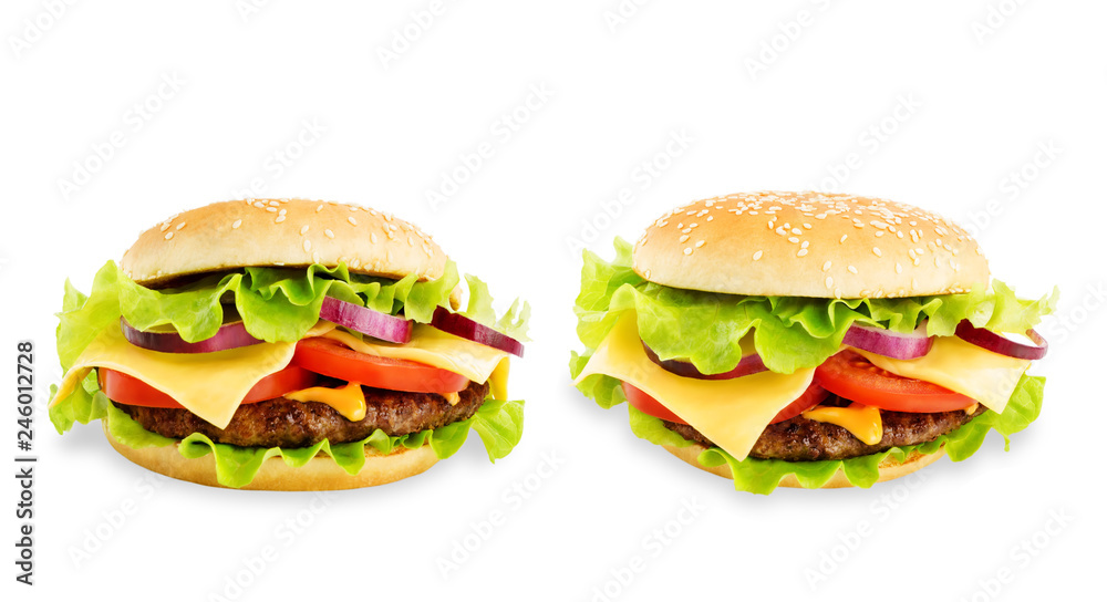 Meat Burger with salad, cheese, tomato and cheese sauce isolated Meat Burger with salad, cheese, tomato and cheese sauce isolated