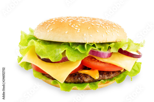 Meat Burger with salad, cheese, tomato and cheese sauce isolated