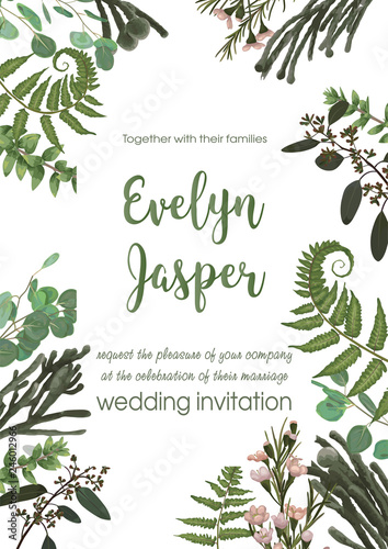 Wedding invite invitation card vector floral greenery design. Fern, eucalyptus, boxwood, botanical green, brunia. Decorative square