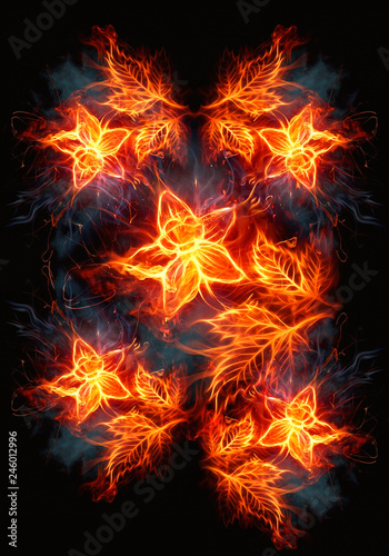 Blooming Roses From Fire And Flames Artwork On A Black Background