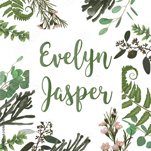 Wedding invite invitation card vector floral greenery design. Fern, eucalyptus, boxwood, botanical green, brunia. Decorative square