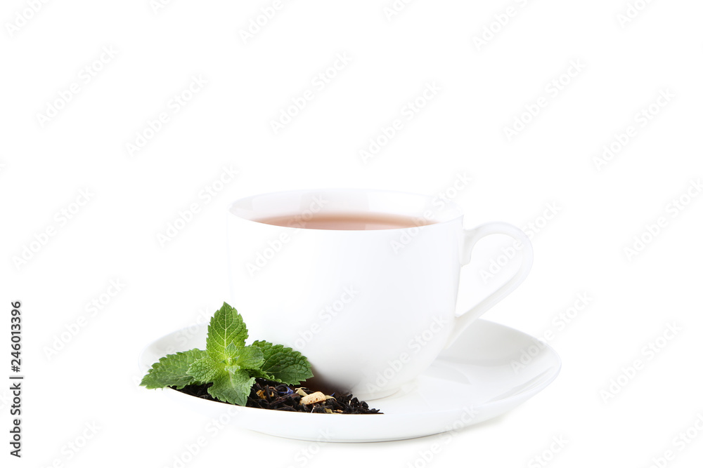Cup of tea with mint leafs isolated on white background