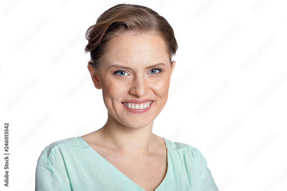Portrait of happy young woman on white background Portrait of happy young woman on white background