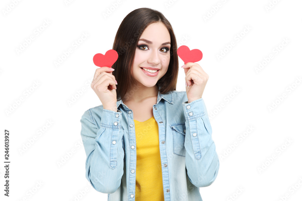 Beautiful woman holding paper hearts on white background Beautiful woman holding paper hearts on white background