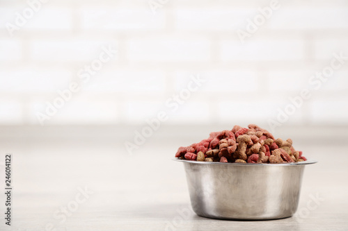 Dry pet food in bowl on the floor at home