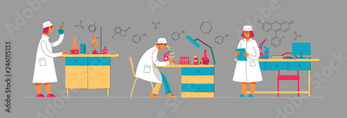 People in uniform are working in a laboratory. Chemical and Biological Laboratory. Concept for web site or scientific article. Illustration in modern flat linear style.