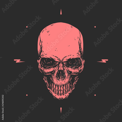 Creepy red skull against dark background