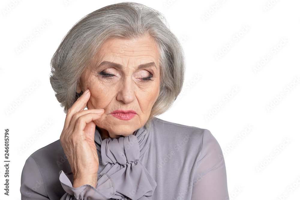 Sad senior woman isolated on white background Sad senior woman isolated on white background