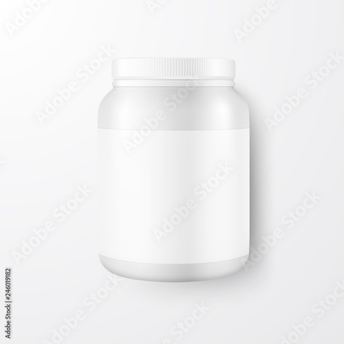 Vector Realistic 3d White Plastic Jar, Can with Lid Closeup Isolated on White Background. Design Template of Whey Protein, Sport Powder, Vitamins, BCAA, Pills, Caps for Mockup. Top View