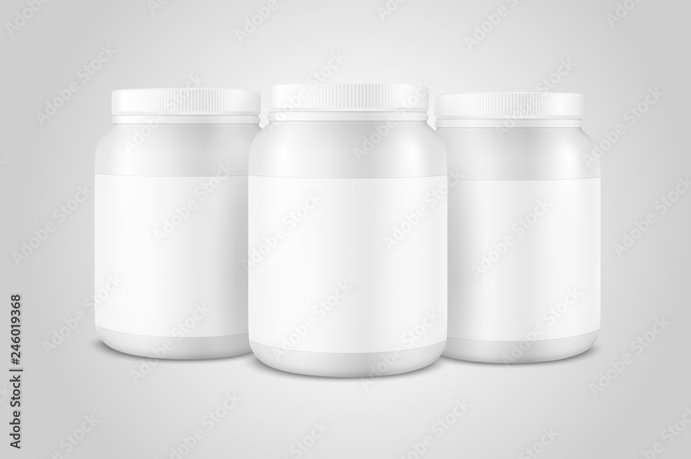 Vector Realistic 3d White Plastic Jar, Can with Lid Set Closeup Isolated on White Background. Design Template of Whey Protein, Sport Powder, Vitamins, BCAA, Pills, Caps for Mockup. Front View Vector Realistic 3d White Plastic Jar, Can with Lid Set Closeup Isolated on White Background. Design Template of Whey Protein, Sport Powder, Vitamins, BCAA, Pills, Caps for Mockup. Front View