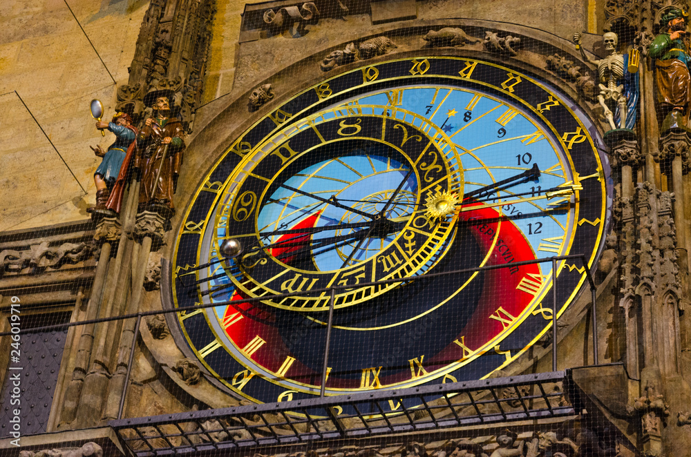 Prague Astronomical Clock, or Orloj on Old Town Hall in Prague, Czech Republic. Astronomical dial