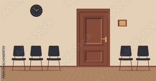 Office corridor on a cream background: waiting area for visitors with chairs and wooden boards on the floor.The door to the cabinet with a sign on the wall, navy wall clock.Vector illustration