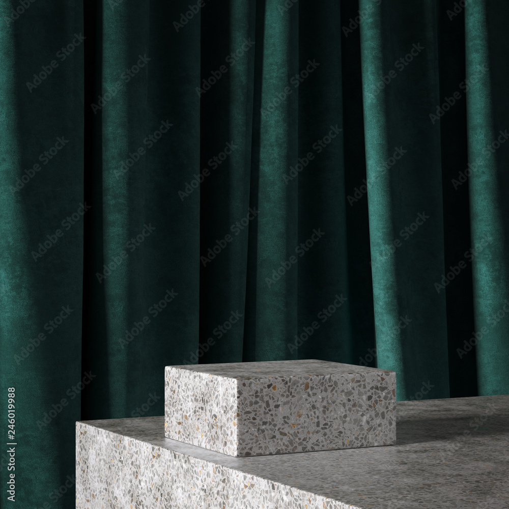 Cosmetic background for product presentation. grey terrazzo podium on green curtain scene. Mid century minimal product stage. Fashion magazine illustration. 3d render illustration. Cosmetic background for product presentation. grey terrazzo podium on green curtain scene. Mid century minimal product stage. Fashion magazine illustration. 3d render illustration.
