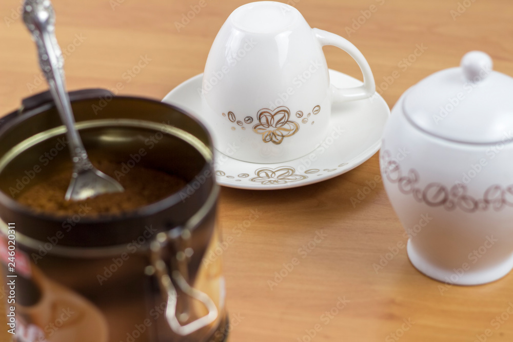 cups, sugar and coffee ready to prepare coffee cups, sugar and coffee ready to prepare coffee