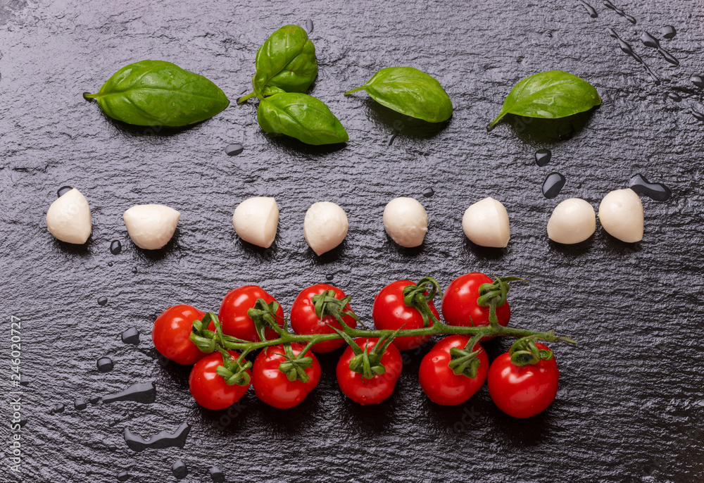 Fotografie Mozzarella mit Tomaten und Basilikum