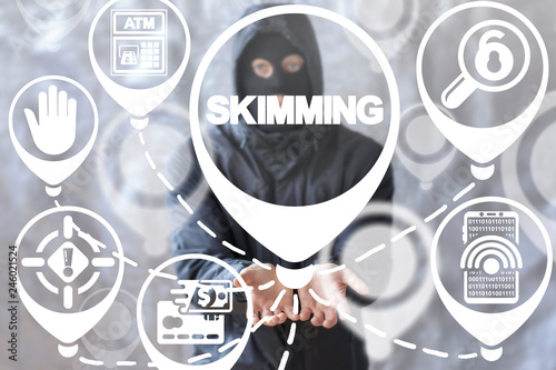 Skimming cards money theft concept.