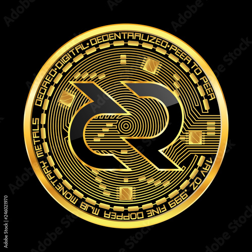 Crypto currency golden coin with black lackered decred symbol on obverse isolated on black background. Vector illustration. Use for logos, print products, page and web decor or other design.