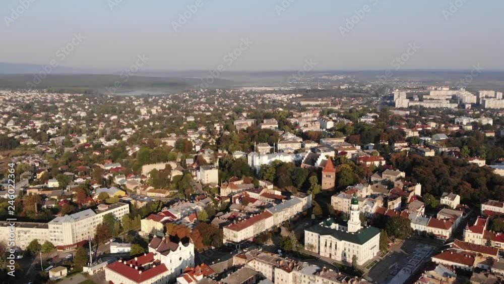 Aerial view of Drohobych, Ukraine. City of nine barrels of salt. Architecture, city hall, central square, cathedral of the Holy Trinity, Church of St. Bartholomew. Smooth flight forward. Aerial view of Drohobych, Ukraine. City of nine barrels of salt. Architecture, city hall, central square, cathedral of the Holy Trinity, Church of St. Bartholomew. Smooth flight forward.