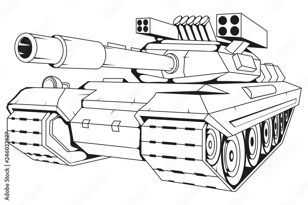 battle tank vector drawing, battle tank drawing sketch, battle tank in black  and white, vector graphics to design Stock Vector